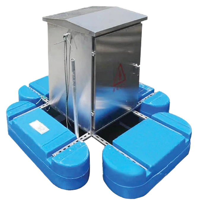 Super-nano bubble generator: a stainless steel control cabinet on a floating frame of blue plastic pontoons